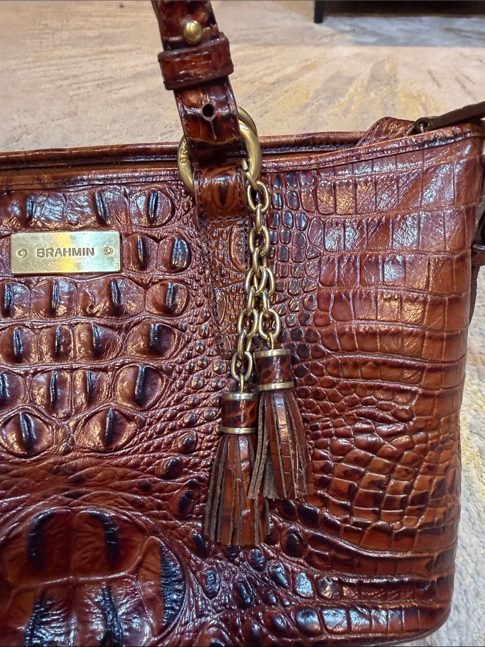 BRAHMIN BROWN/ PECAN EMBOSSED CROC LEATHER PURSE SHOULDER BAG, SATCHEL CROSSBODY